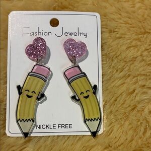 Fashion Jewelry Kids Pink Glitter Heart & Yellow Smiling Pencil Dangle Earrings